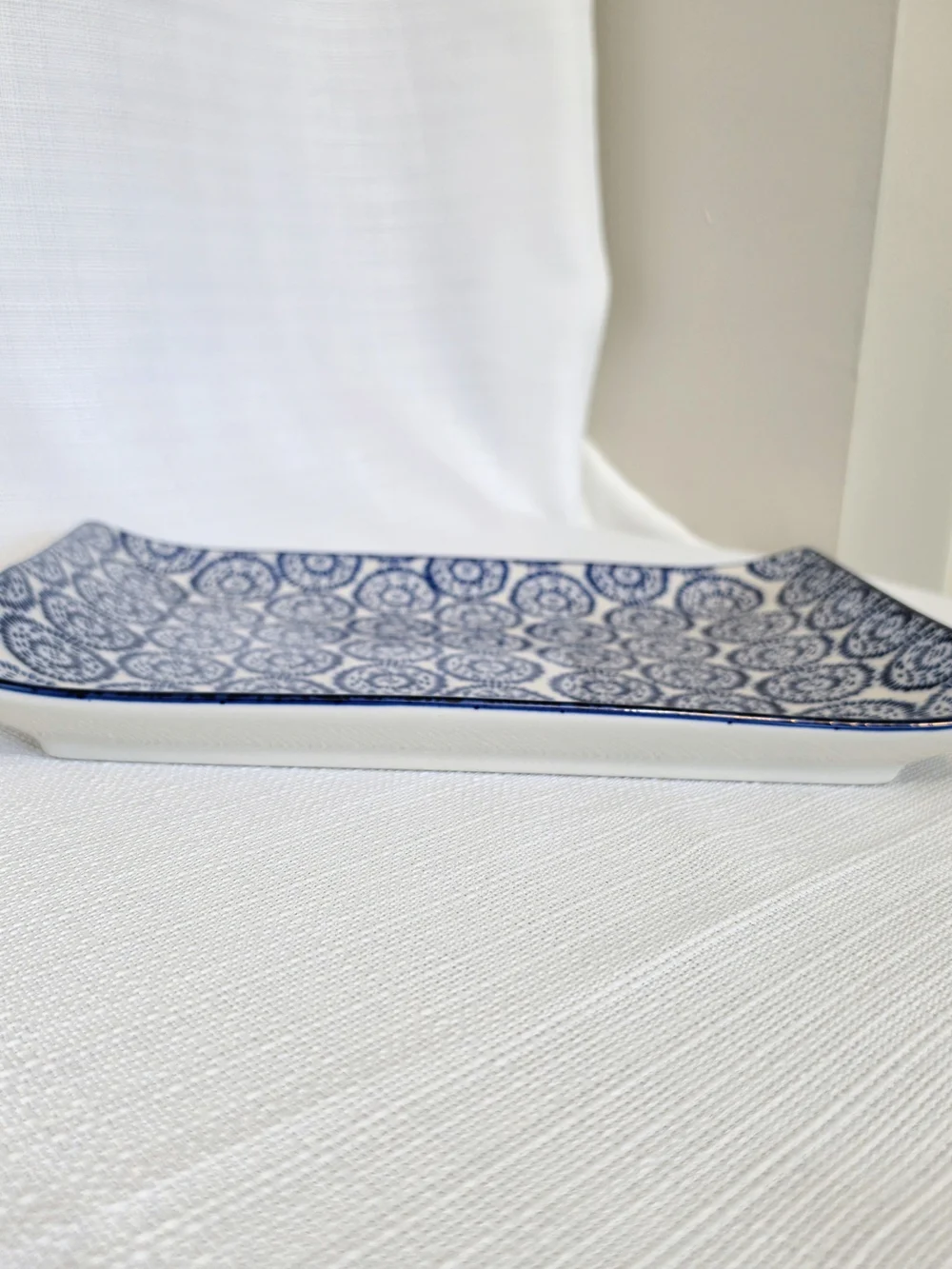 Pier 1 Stoneware Tray Platter Blue White 12x8 Curved Edge Dish Vanity Dresser